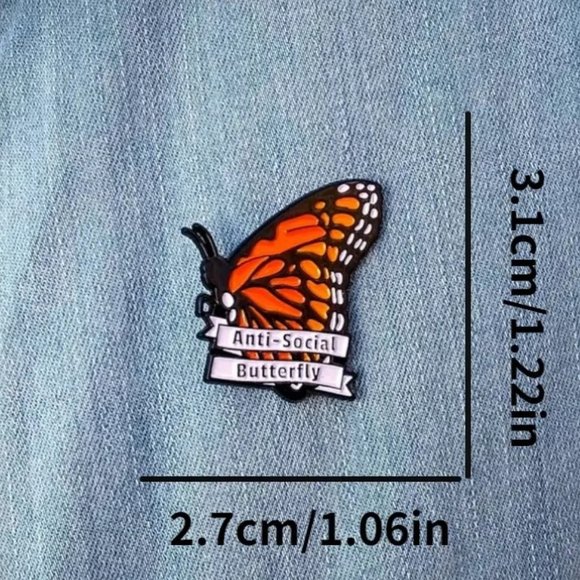 Anti Social Butterfly Pin Brooch Bag Metal Badge Backpack People Whimsical Fun - Picture 3 of 3